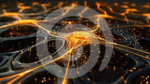 Abstract Neural Network Connection Lines with Glowing Particles in Dark Background