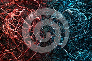 Abstract representation of a glowing neural network with a color scheme of red and blue