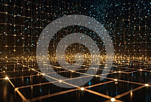 abstract representation of interconnected data nodes, digital matrix, binary code transmission