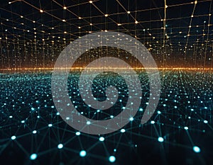 abstract representation of interconnected data nodes, digital matrix, binary code transmission