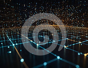 abstract representation of interconnected data nodes, digital matrix, binary code transmission