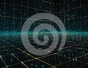 abstract representation of interconnected data nodes, digital matrix, binary code transmission