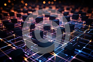 abstract representation of interconnected data nodes, digital matrix, binary code transmission