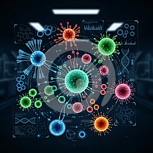 Abstract representation of microscopic organisms or viruses in a digital composition.