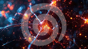 Abstract Neural Network Connection with Glowing Particles, Brain Activity Concept Visualization