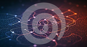 Abstract representation of a neural network. It features a complex web of lines and