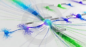 Abstract representation of a neural network with input hidden and output layers on white background