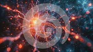 Neural Network Brain Cell with Glowing Synapses, Abstract Science and Technology Concept