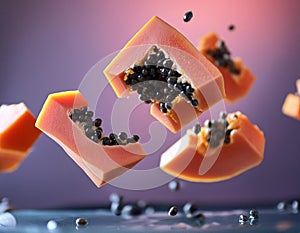 Abstract representation of papaya pieces cut and floating freely, utilizing negative space