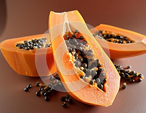 Abstract representation of papaya pieces cut and floating freely, utilizing negative space