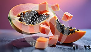 Abstract representation of papaya pieces cut and floating freely, utilizing negative space