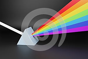 Abstract representation of a ray of light hitting a prism and dispersing into a spectrum of colors. 3d illustration