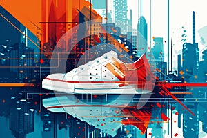 An abstract representation of sneakers using sleek lines and modern shapes of skyscraper silhouettes