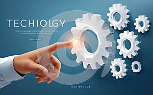Abstract representation of technology with gears and hand interaction