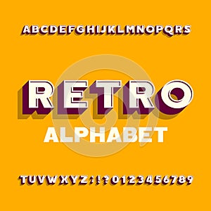 Abstract retro alphabet typeface. 3D effect letters, numbers and symbols with shadow.