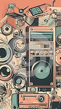 Abstract retro background with vintage audio equipment. Muted colors, retro style illustration, collage