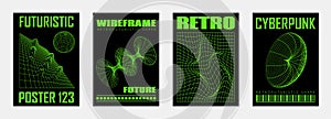 Abstract retro futuristic geometric y2k posters, wall art, t-shirt prints, banners. Wireframe 3d shapes