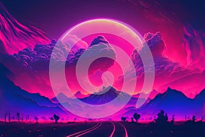 Abstract retro futuristic neon landscape in synthwave style. Glowing surface strange neon clouds. Generative ai ilustration