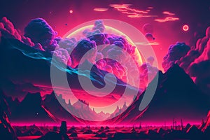 Abstract retro futuristic neon landscape in synthwave style. Glowing surface strange neon clouds. Generative ai ilustration