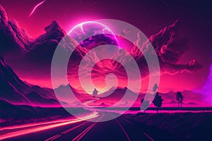 Abstract retro futuristic neon landscape in synthwave style. Glowing surface strange neon clouds. Generative ai ilustration