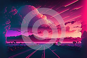 Abstract retro futuristic neon landscape in synthwave style. Glowing surface strange neon clouds. Generative ai ilustration