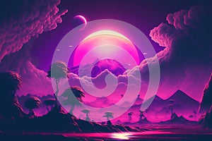 Abstract retro futuristic neon landscape in synthwave style. Glowing surface strange neon clouds. Generative ai ilustration