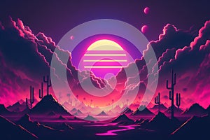 Abstract retro futuristic neon landscape in synthwave style. Glowing surface strange neon clouds. Generative ai ilustration