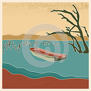 Abstract retro landscape poster. Stylized boat in lake with dry tree trunks, mountains on the horizon with noises photo