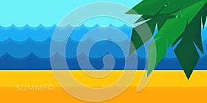 Abstract retro minimal summer travel horizontal banner. Tropical palm leaves on beach sand sea waves on holiday vintage