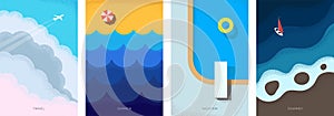 Abstract retro minimal summer travel poster set. Plane flies in clouds on holiday vintage print. Yacht on sea and beach