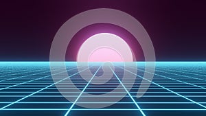 Abstract retro perspective grid. Futuristic polygonal background in the style of the 80s and 90s. Detailed wireframe landscape