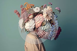 Abstract retro portrait of a man with her head covered with a large bouquet of natural flowers. Generative AI