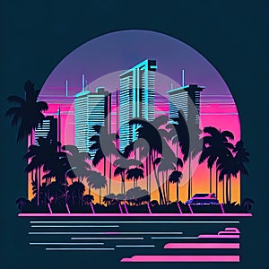 abstract retro poster with palms and skyscraper in the background. vector. illustration.