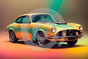 Abstract retro premium sportcar unically painted, in multicolor fog. AI generated, this is not real existing model