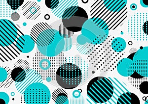 Abstract retro 80s-90s pattern blue and black geometric circles, line, dot on white background photo