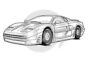 Abstract retro sports car in black and white ink drawing style, adult coloring book