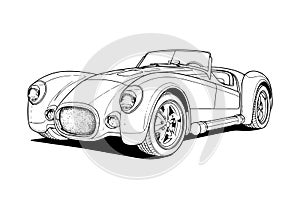 Abstract retro sports car in black and white ink drawing style, adult coloring book