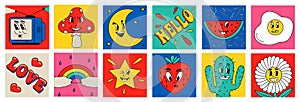 Abstract retro stickers. Cartoon 30s 40s 50s clip art character with funny faces. Rainbow and watermelon. Old television