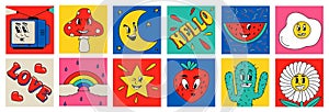 Abstract retro stickers. Cartoon 30s 40s 50s clip art character with funny faces. Rainbow and watermelon. Old television. Flowers