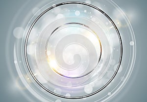 Abstract ring background. Metal chrome shine round frame with light circles and spark light effect. Vector sparkling glowing