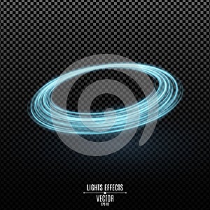 Abstract ring of swirling neon lines on a transparent dark background. Fantastic circle. Chaotic luminous lines. Vector