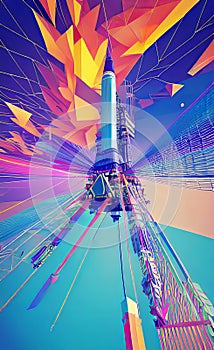 Abstract rocket takes off from a network of neural networks and the Internet, Launch and efficiency concept, advanced technology