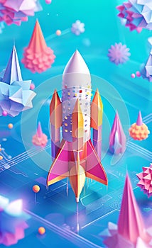 Abstract rocket takes off from a network of neural networks and the Internet, Launch and efficiency concept, advanced technology