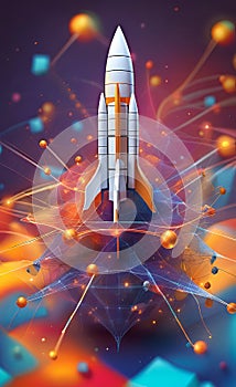 Abstract rocket takes off from a network of neural networks and the Internet, Launch and efficiency concept, advanced technology