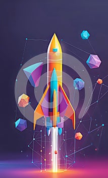 Abstract rocket takes off from a network of neural networks and the Internet, Launch and efficiency concept, advanced technology