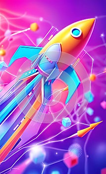 Abstract rocket takes off from a network of neural networks and the Internet, Launch and efficiency concept, advanced technology