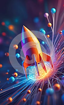 Abstract rocket takes off from a network of neural networks and the Internet, Launch and efficiency concept, advanced technology