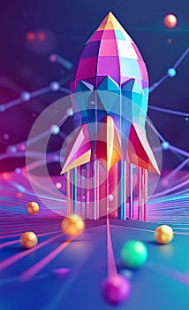 Abstract rocket takes off from a network of neural networks and the Internet, Launch and efficiency concept, advanced technology