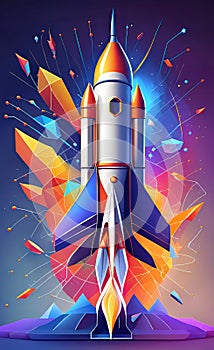 Abstract rocket takes off from a network of neural networks and the Internet, Launch and efficiency concept, advanced technology