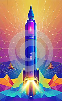 Abstract rocket takes off from a network of neural networks and the Internet, Launch and efficiency concept, advanced technology